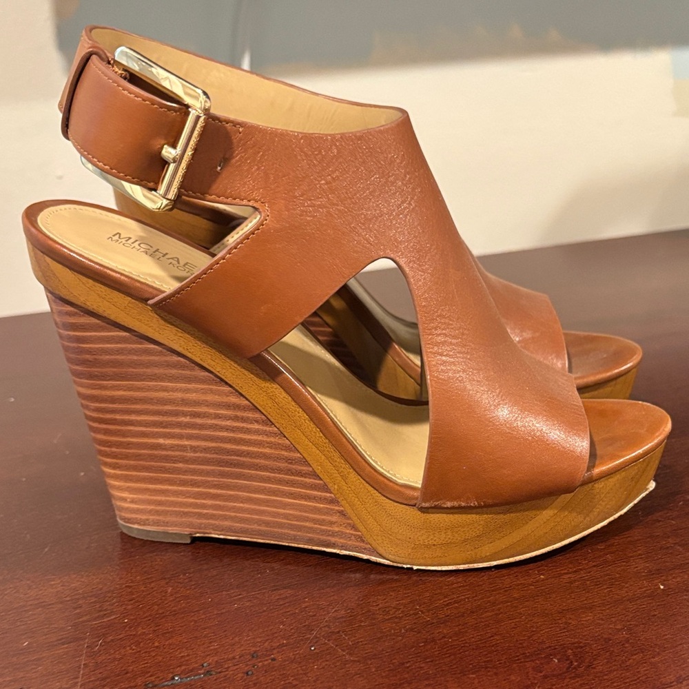 Michael Kors Tan Leather Wedge Sandals